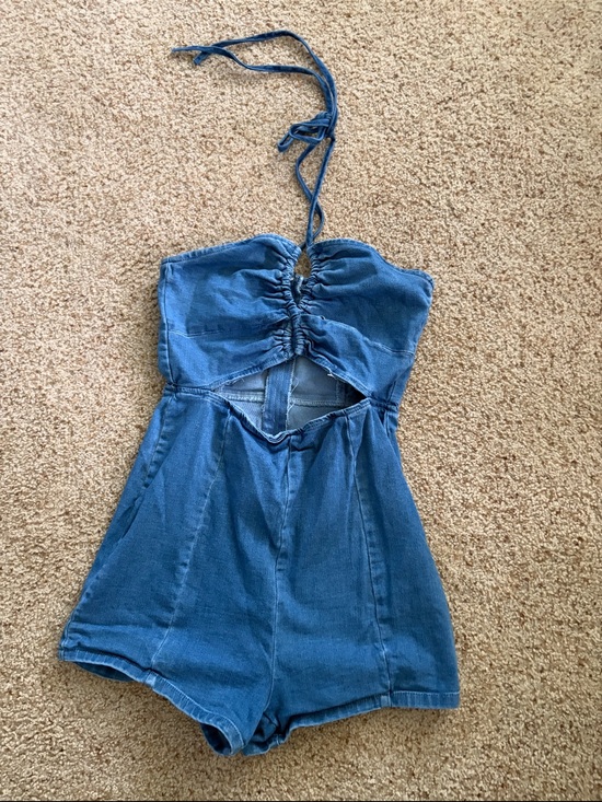 tiktok shop Dresses & Skirts - Denim Blue Halter Cutout One-Piece Romper